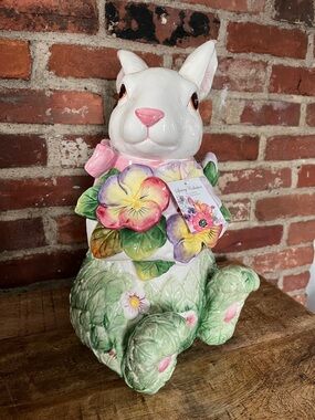 White Ceramic Bunny Figurine Planter with Pink & Green Floral Accents